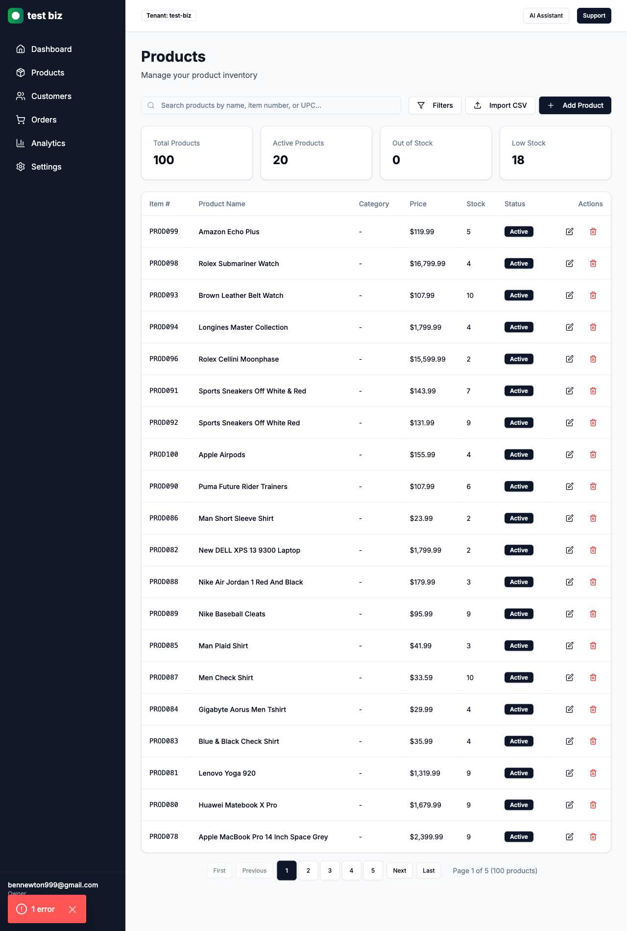 Product management dashboard with inventory control, bulk import functionality, and comprehensive catalog management for AI-powered business platform
