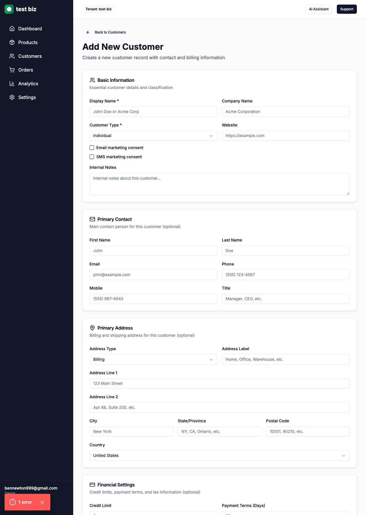 Comprehensive customer creation form with multi-section layout including basic information, contact details, address management, and financial settings