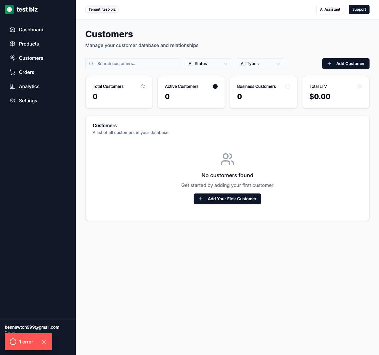 Customer management list page with professional empty state showing summary cards, search filters, and call-to-action for adding first customer